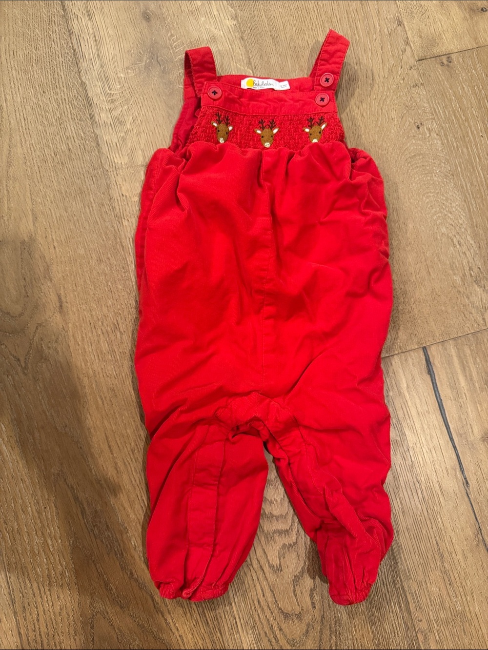 Baby Boden - Red Kids Corduroy Overalls with Reindeer Smocking